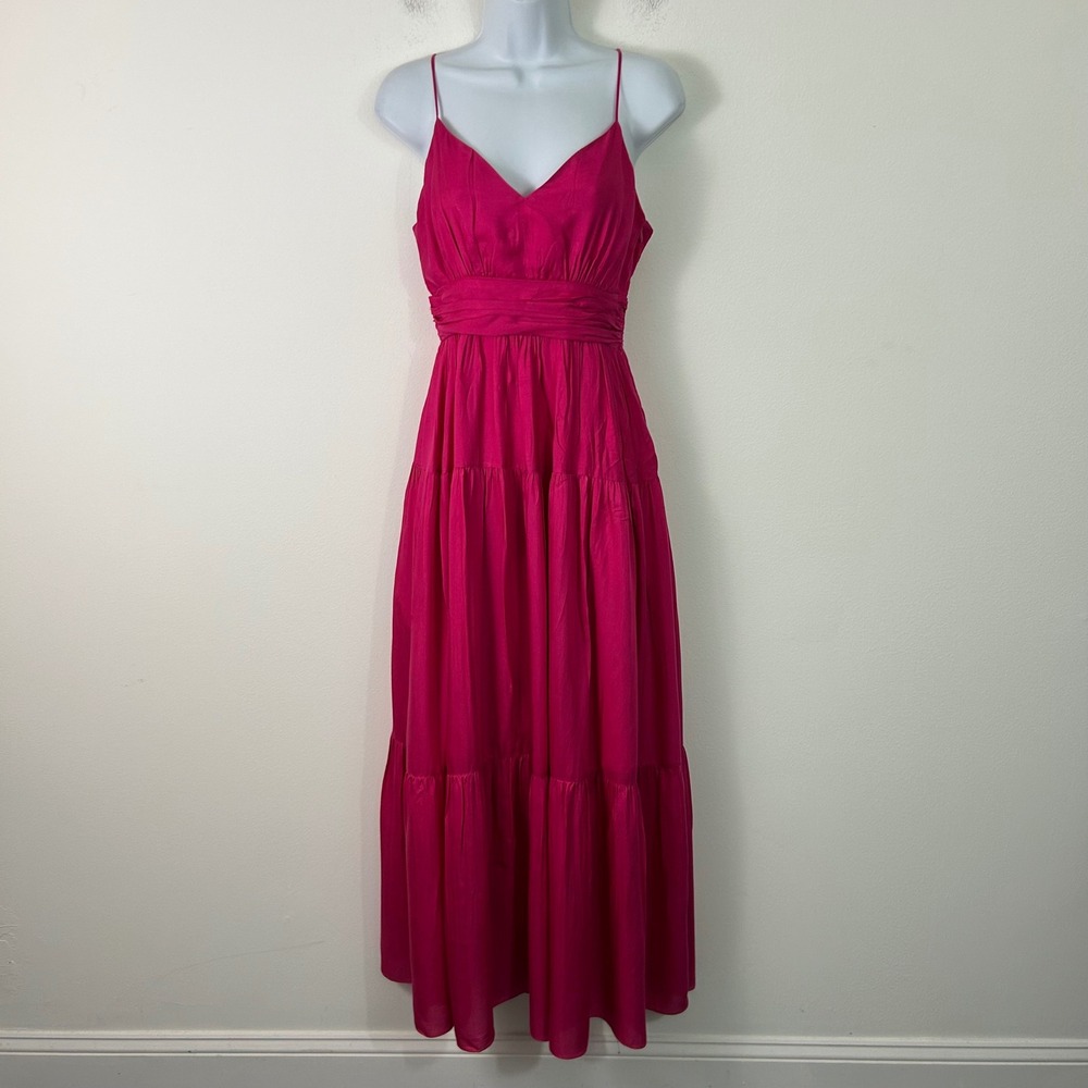 Intermix Magenta Pink Silk Blend Tiered Maxi Dress V-Neck Spaghetti Strap Size 2